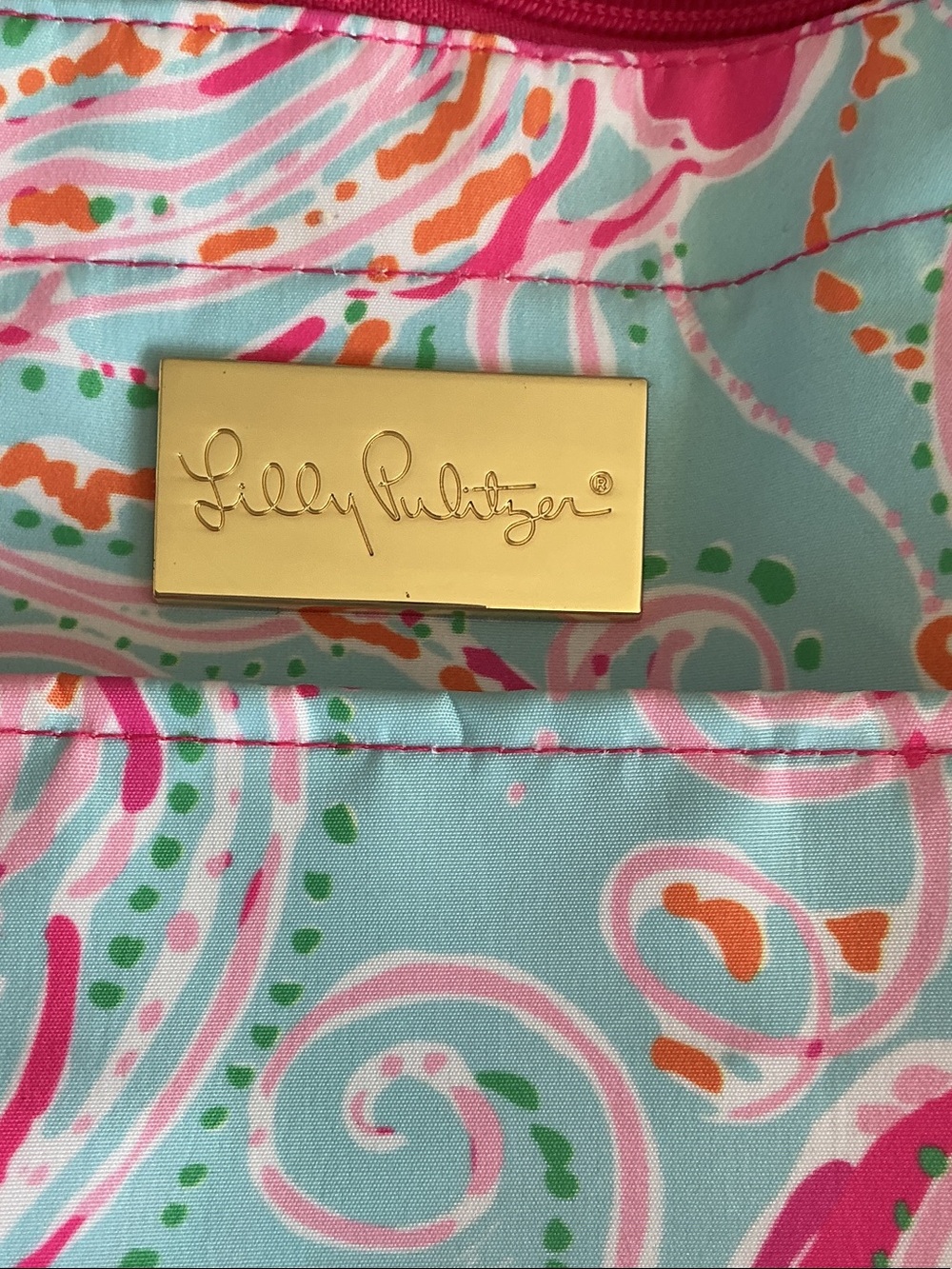 Lilly Pulitzer Gold-Plate Cosmetic Pouch in Pink, Aqua & Orange Signature Print